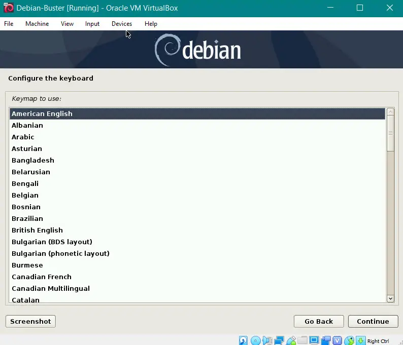 virtualbox debian select keyboard